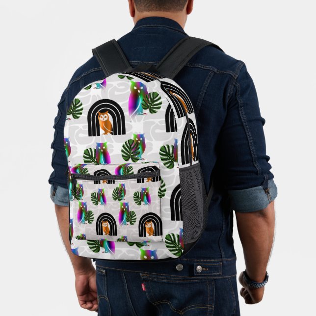 Mochila Impresa Whimsical Boho Owl & Tropical Monstera Leaf (Insitu (Modelo))