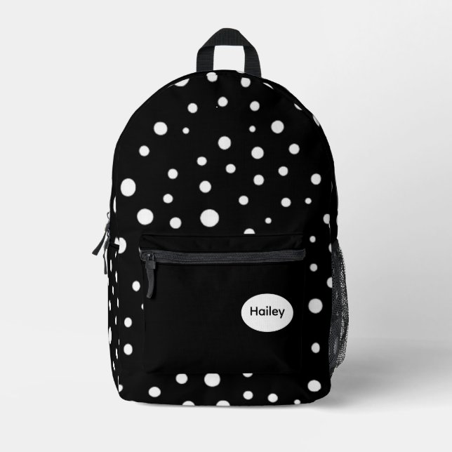Mochila Impresa White Polka dots on Black (Anverso)