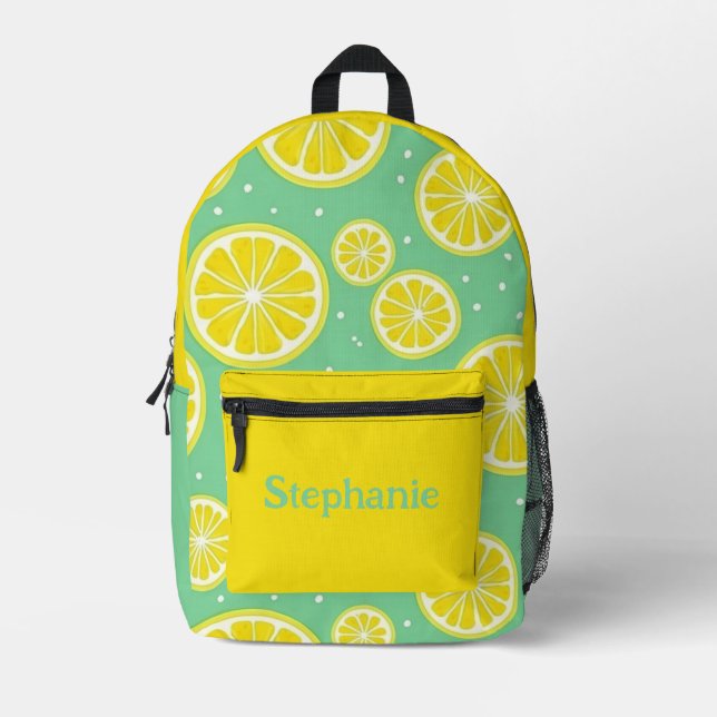 Mochila Impresa Yellow and Green, Lemon Slice Pattern With Name (Anverso)