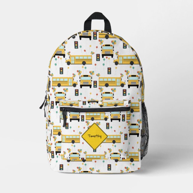 Mochila Impresa Yellow School Bus Party Kids Custom Name (Anverso)