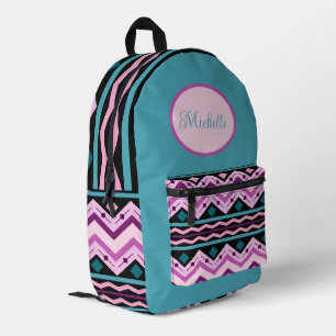 Mochila Impresa Zig Zags Geométricos Vibrantes en Azul, Rosa, Púrp