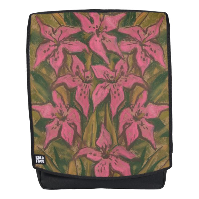 Mochila Lilies rosas, pintura pastel, flores, arte floral (Anverso)
