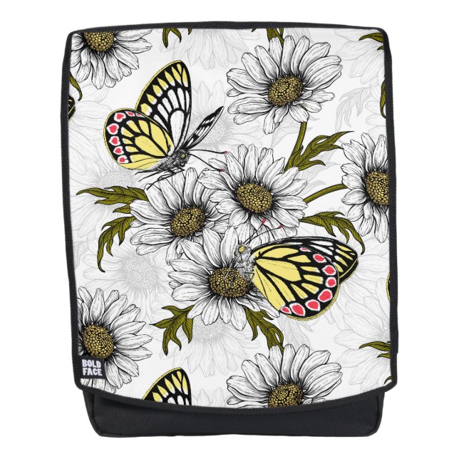 Mochila Mariposas Jezebel y flores de margarita en blanco (Anverso)