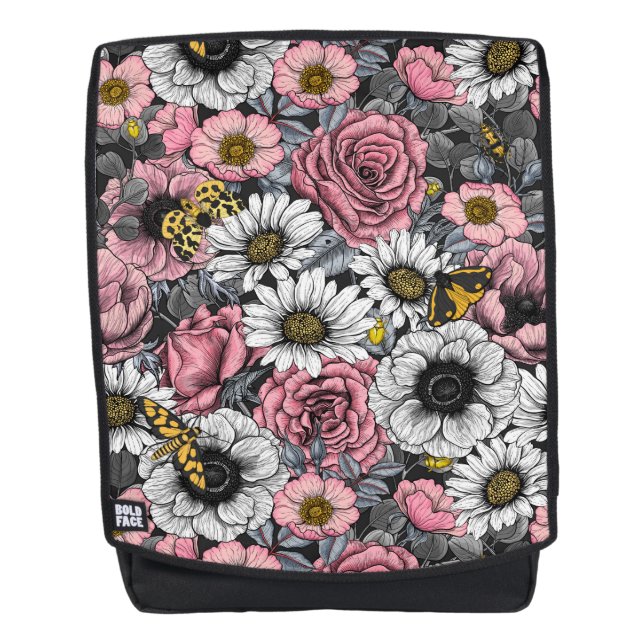 Mochila Modos de mezcla de flores en rosa y gris (Anverso)