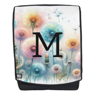 Mochila Monograma de acuarela floral con dandelos rosados 