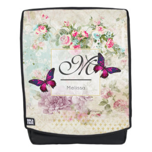 Mochila Monograma de mariposa rosada y Rosas de Shabby Vin