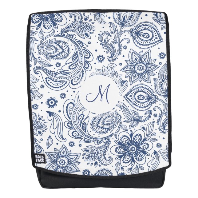 Mochila Monograma del patrón floral azul de cosech (Anverso)