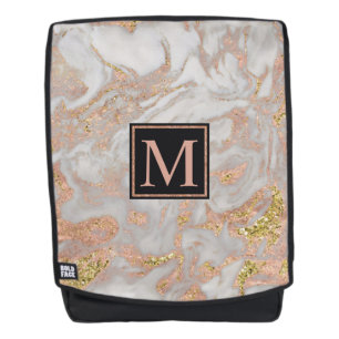 Mochila Monograma moderno Faux Rosa Gold Marble Swirl
