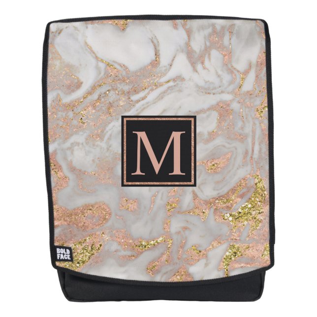 Mochila Monograma moderno Faux Rosa Gold Marble Swirl (Anverso)