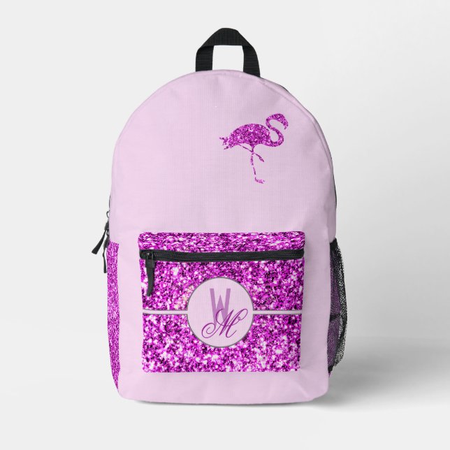 Mochila monogramada purpurina rosa con flamenco (Anverso)