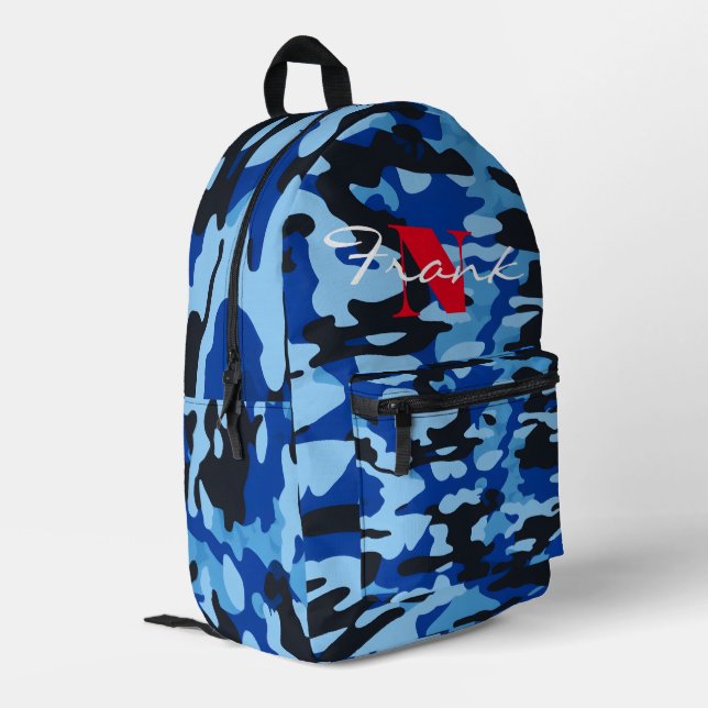 Mochila negra personalizada de patrón de camo azul (Esquina izquierda trasera)