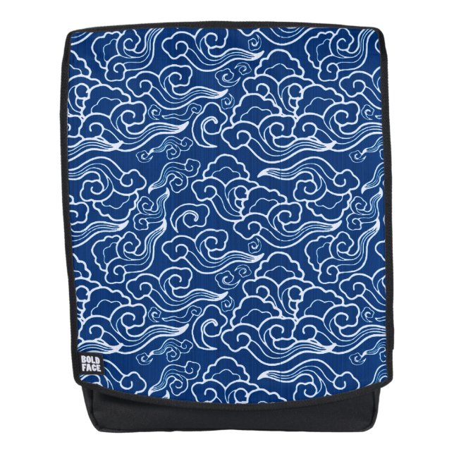Mochila Nubes japonesas vintage, azul cobalto y blanco (Anverso)