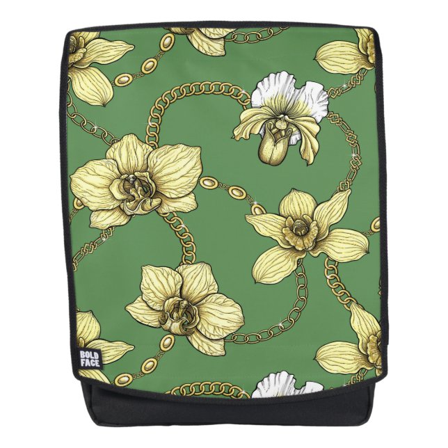 Mochila Orquídeas y cadenas, amarillas y kellanas (Anverso)