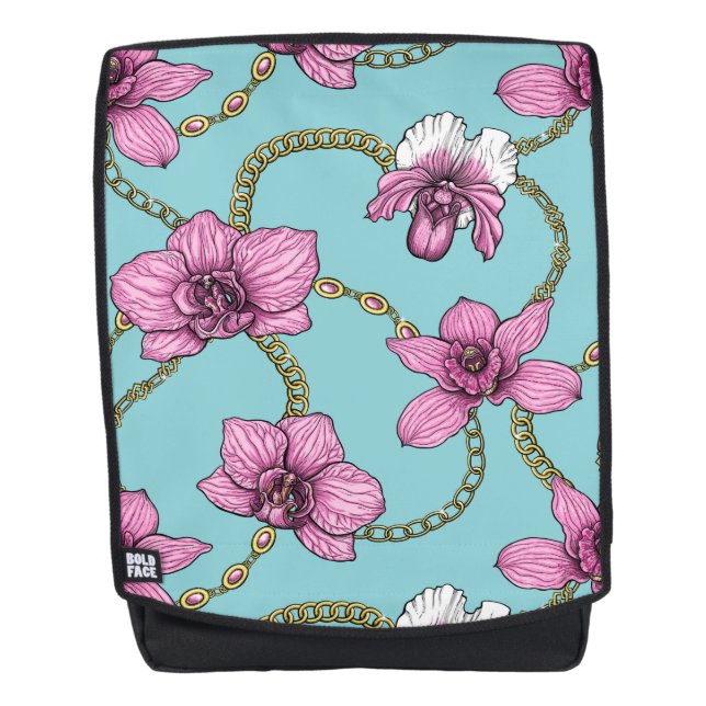 Mochila orquídeas y cadenas, rosa y azul (Anverso)