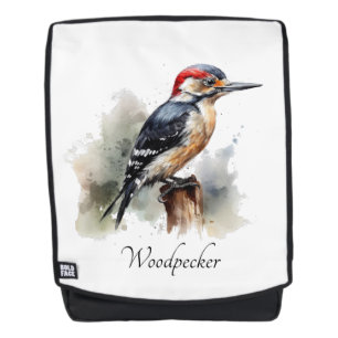 Mochila pájaro carpintero sentado en un poste de acuarela