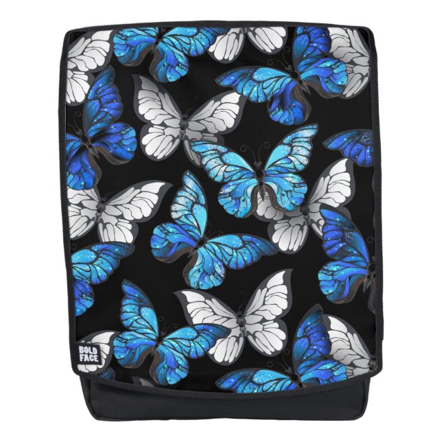 Mochila Patrón oscuro sin foco con mariposas azules morfo (Anverso)