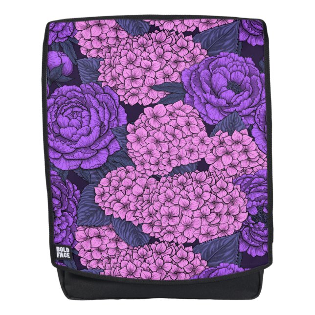 Mochila Peonía e hidrangea en rosa y violeta (Anverso)