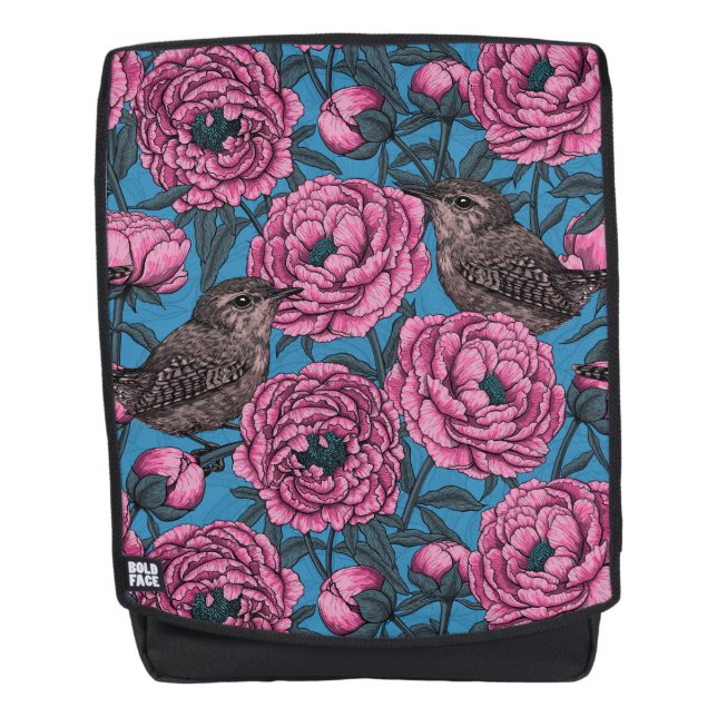 Mochila Peonies y wrens en azul (Anverso)