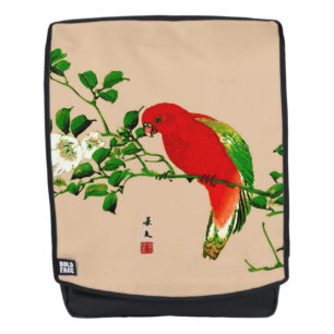 Mochila Pintura Japonesa Antigua de un Loro, Rojo y Verde