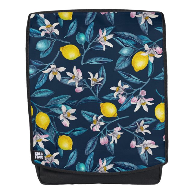 Mochila Ramas de limón con flores y fruta en azul (Anverso)