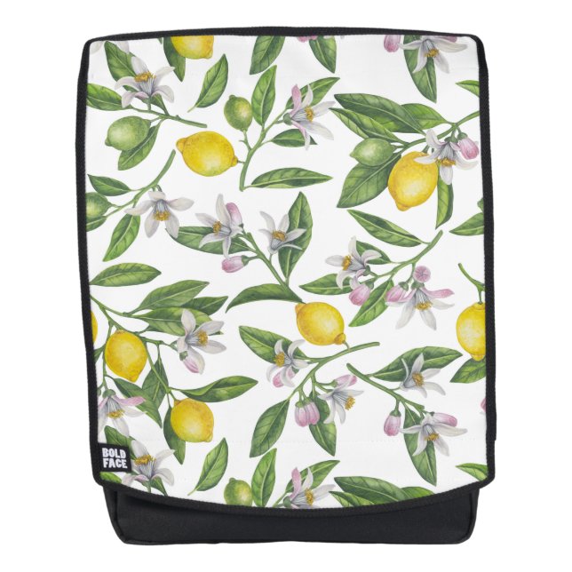 Mochila Ramas de limón con flores y fruta en blanco (Anverso)
