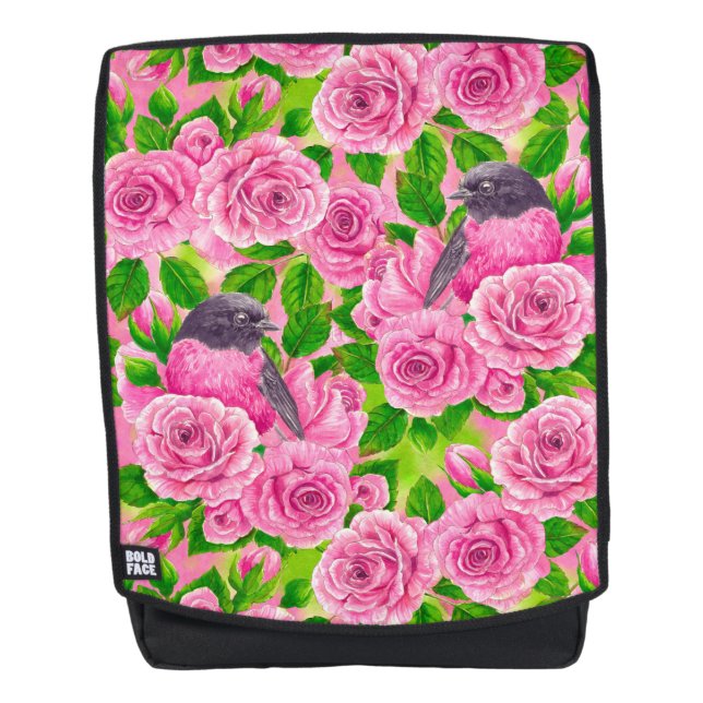 Mochila Robin rosado y rosas (Anverso)