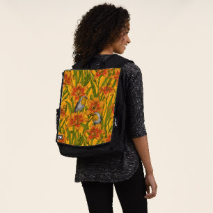 Mochila Robins y flores de lirio, naranja y verde