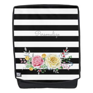 Mochila Rosa Chic Floral Tendencias Rayas Negras y Nombre