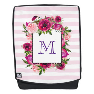 Mochila Rosa rosa y amapola floral en franjas rosas