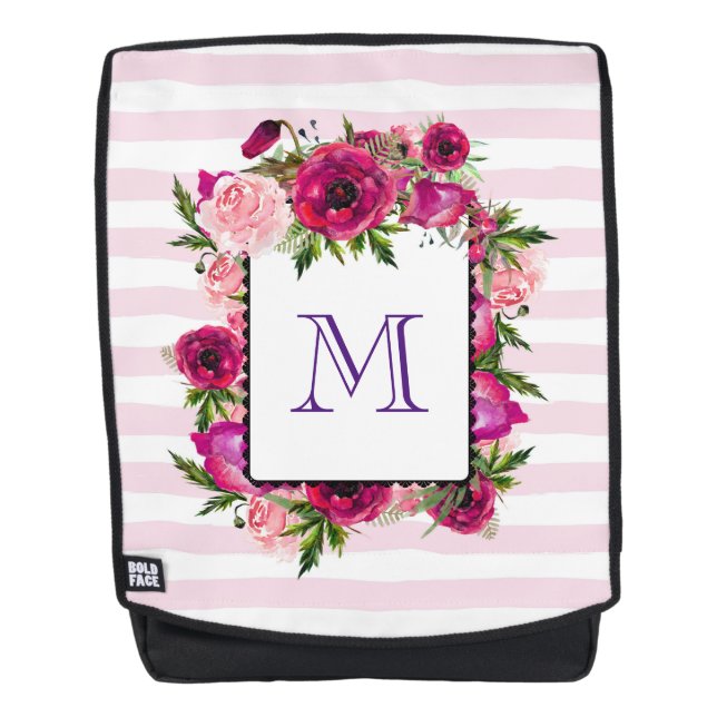 Mochila Rosa rosa y amapola floral en franjas rosas (Anverso)