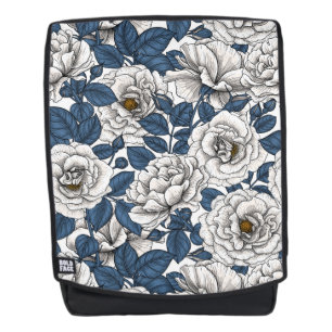 Mochila Rosas blancas con hojas azules en blanco