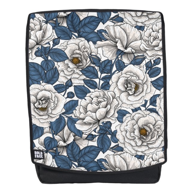Mochila Rosas blancas con hojas azules en blanco (Anverso)
