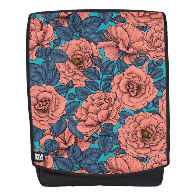 Mochila Rosas rosas rosas con hojas azules en azul (Anverso)
