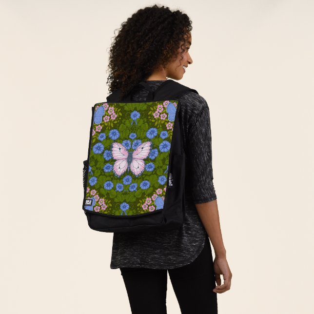 Mochila Simetría de mariposas y flores, azul y rosa (Puesto)