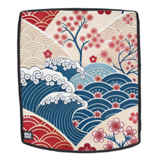 Mochila Traditional Red Blue Japanese Wave Sakura Pattern