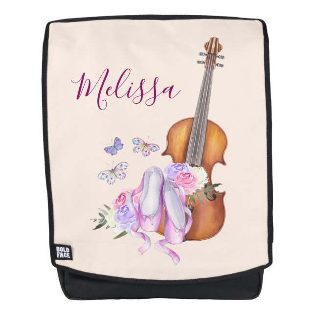 Mochila Violín, zapatos de ballet, flores y mariposas (Anverso)