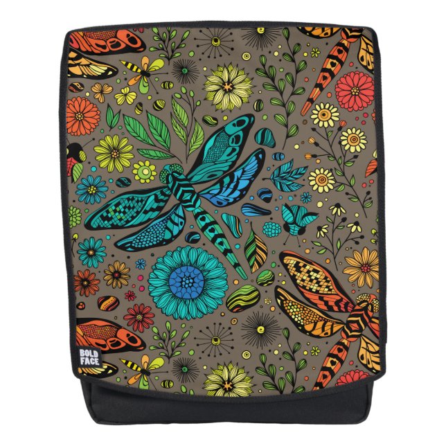 Mochila Volar, volar libélula sobre marrón (Anverso)