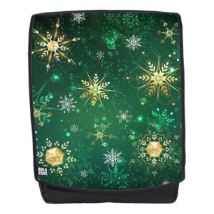 Mochila Xmas copos de nieve dorados sobre fondo verde