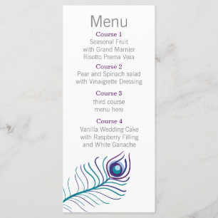 Mod morado, menú verde azulado azul pavo real Boda