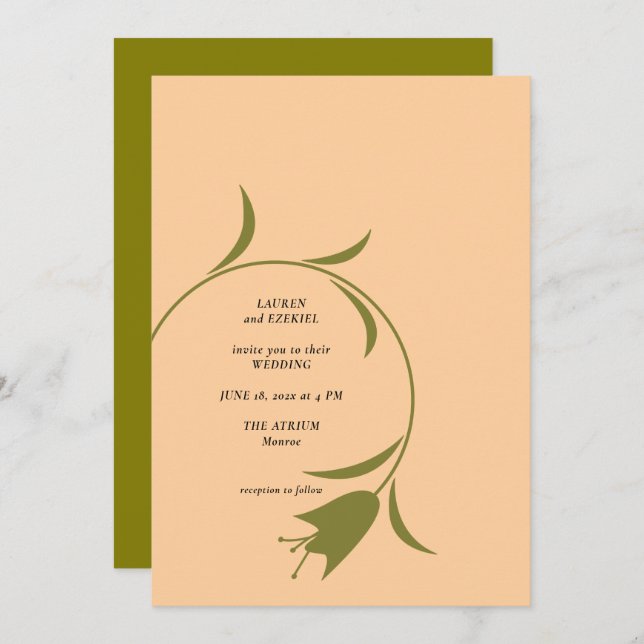 MOD PEACH & OLIVE TULIP WEDDING Invitación (Anverso / Reverso)