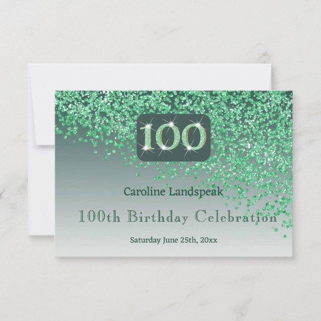 Moda 100 Purpurina Verde de cumpleaños RSVP (Anverso)
