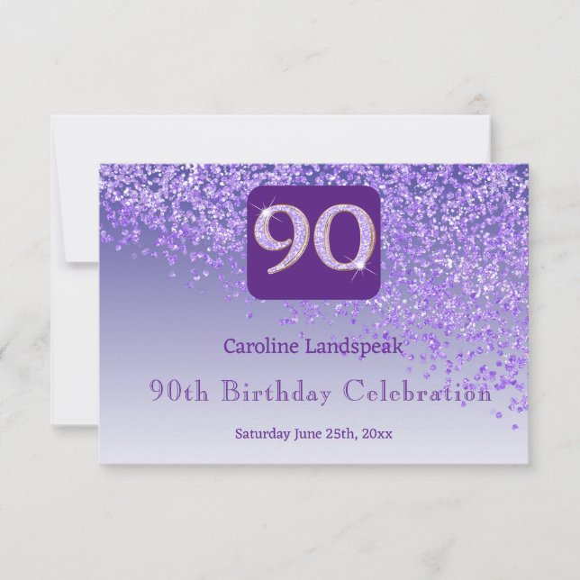 Moda 90 Cumpleaños Purpurina Púrpura RSVP (Anverso)