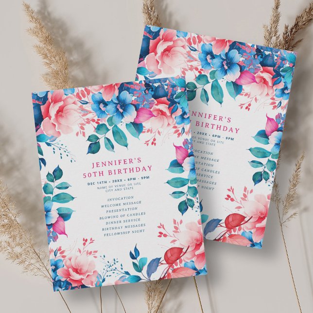 Moda acuarela Floral 50º programa de cumpleaños (Chic Watercolor Floral 50th Birthday Program)