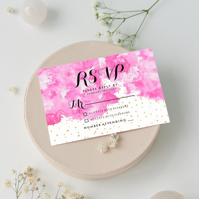 Moda acuática rosa elegante confeti dorado RSVP (Pink watercolor chic elegant gold confetti RSVP )