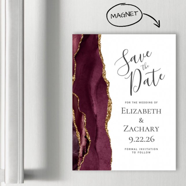 Moda Agate Burgundy Gold Magnetic Save the Date (Subido por el creador)