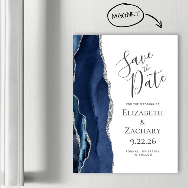 Moda Agate Navy Blue Silver Magnetic Save the Date (Subido por el creador)