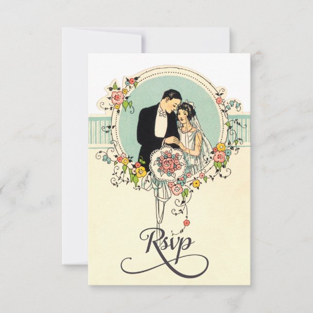 Moda Art Deco de 1920 Novia & Groom Wedding Rsvp (Anverso)