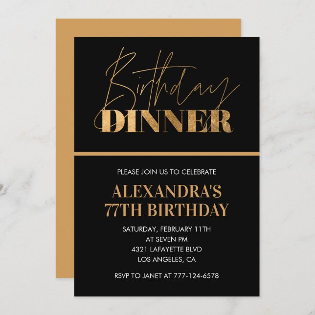 Moda Black Gold Dinner 77ª invitación de cumpleaño (Anverso / Reverso)