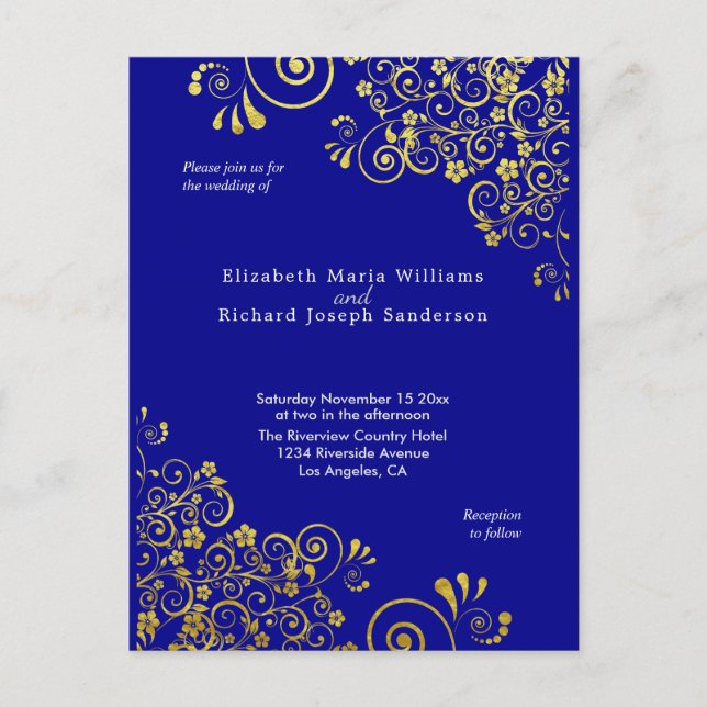 Moda Blue Gold Wedding Invitación RSVP l Sitio web (Anverso)