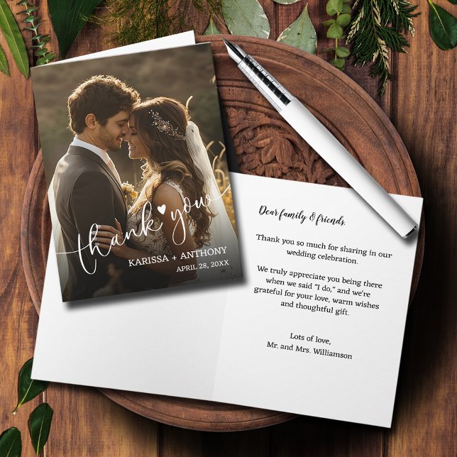 Moda Boda de corazón foto doblada gracias (Wedding Photo Heart Folded Thank You Note Cards)